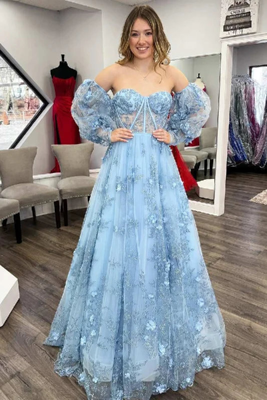 prom dresses with floral embroideryBlue 3D Floral Lace Sweetheart A-Line Prom Dress with Balloon Sleeves