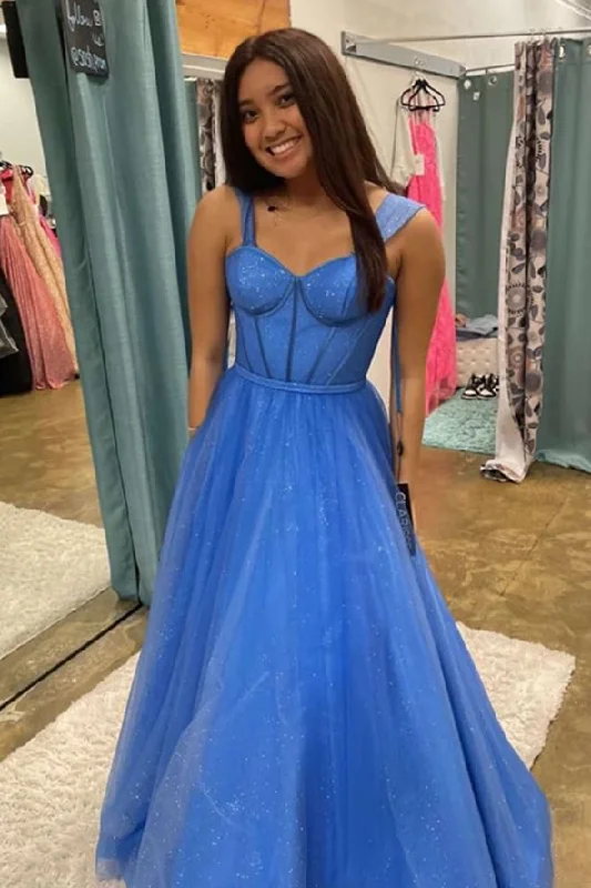 prom dress accessoriesSparkly Blue Jay Straps Tulle Long Prom Dress