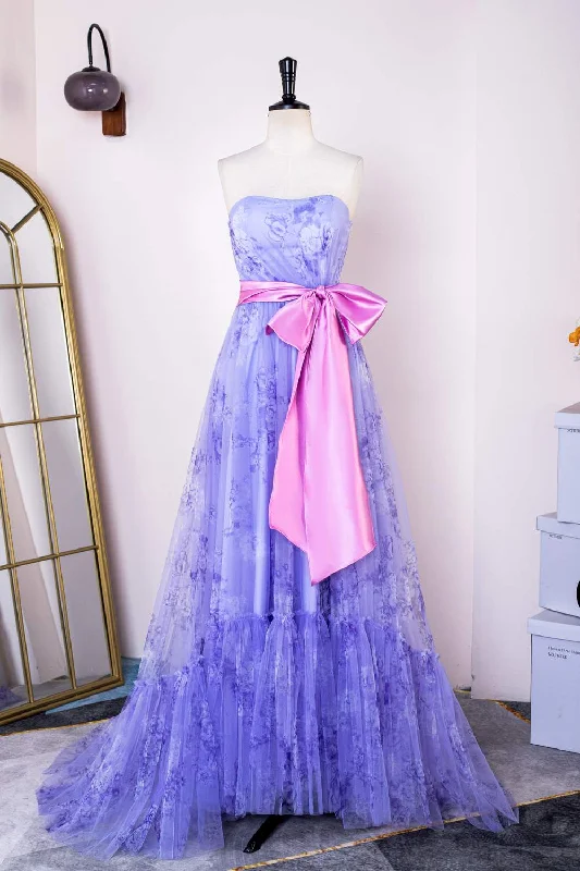 long prom dressesLavender Floral Strapless Ruffled Long Prom Dress with Bow Sash