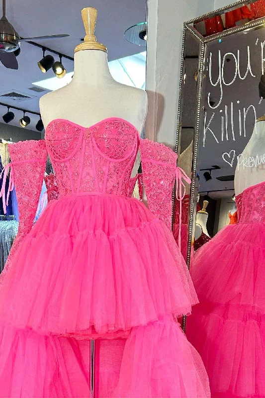 prom dress preservationHot Pink Lace Corset Tiered High-Low Prom Dress