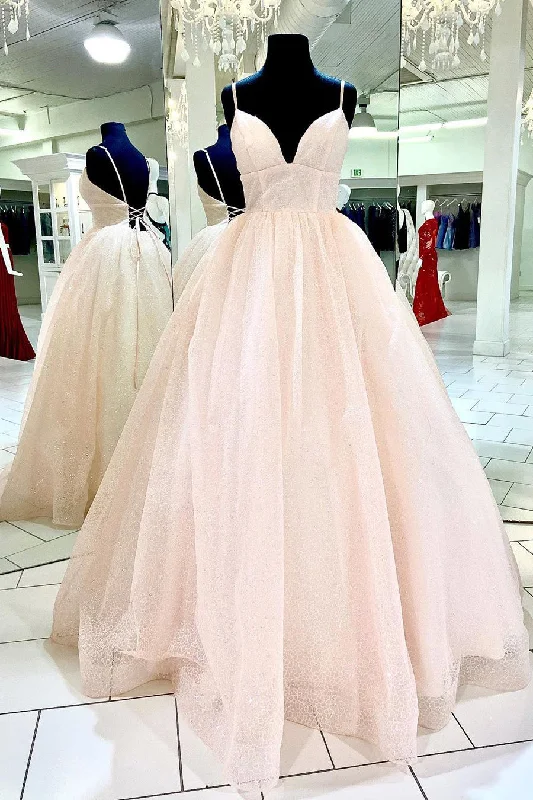 sleeveless prom dressesElegant Straps Lace-Up Back Blush Long Prom Dress