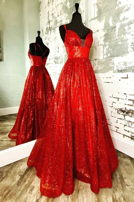 prom dresses with sequin detailingA-Line Red Sequin Lace-Up Long Prom Dress