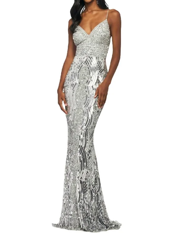 pastel prom dressesSequin Beaded Column Prom Dress In Silver