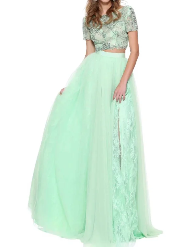 short prom dressesBeaded Tulle Lace Prom Dress In Light Green