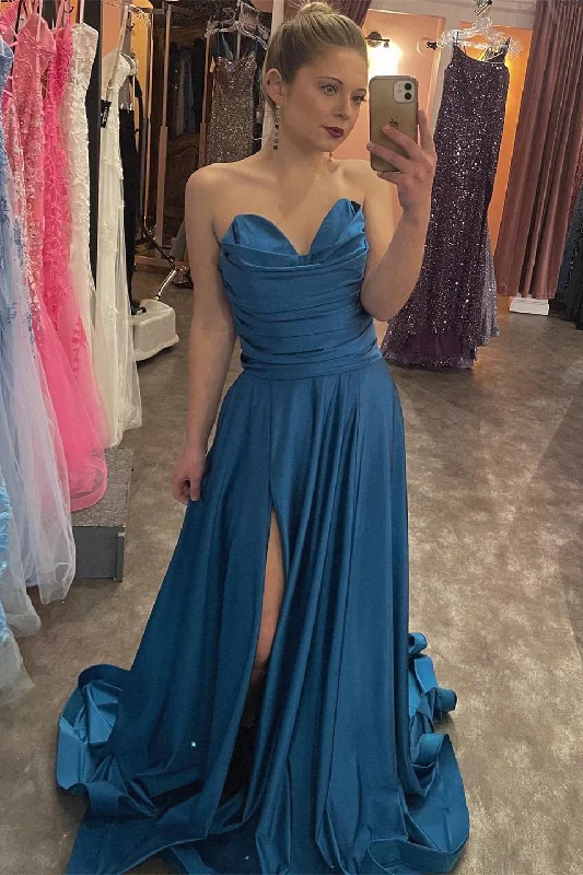 sleeveless prom dressesInk Blue Strapless Satin A-line Pleated Long Prom Dress with Slit