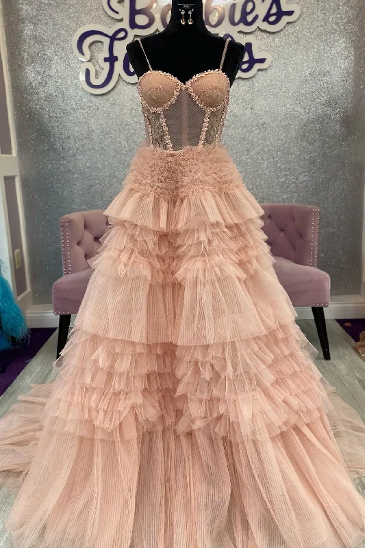 empire waist prom dressesBlushing Pink Tulle Ruffle Layers Lace-Up Back A-Line Prom Dress