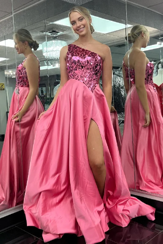 mid-length prom dressesHot Pink One Shoulder Mirror-Cut Sequins Top Long Prom Dress with Slit