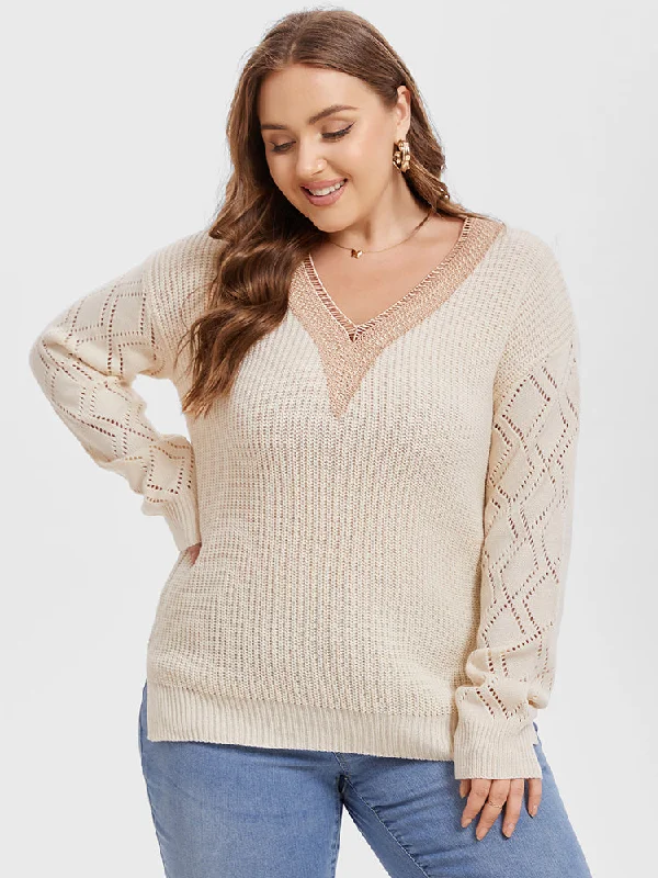 Trendy Pullover SweatersEyelet Lace Drop Shoulder Split Pointelle Knit Sweater