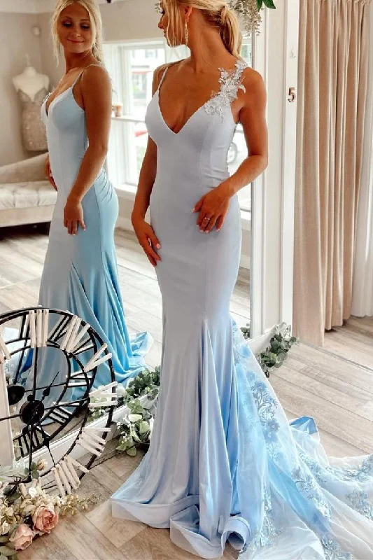 prom dresses with built-in petticoatsElegant Light Blue Mermaid Long Prom Dress