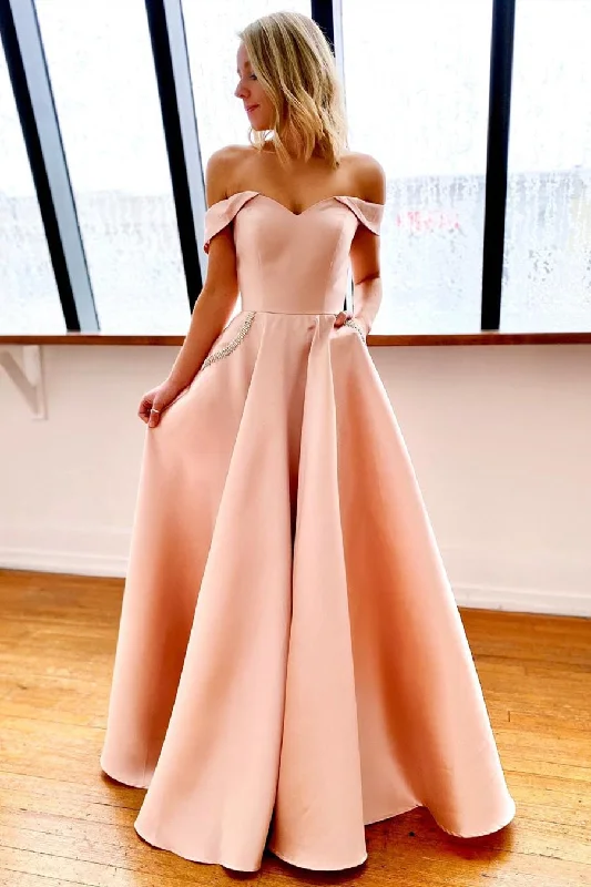 mini prom dressesOff the Shoulder Pink Prom Dress with Pockets