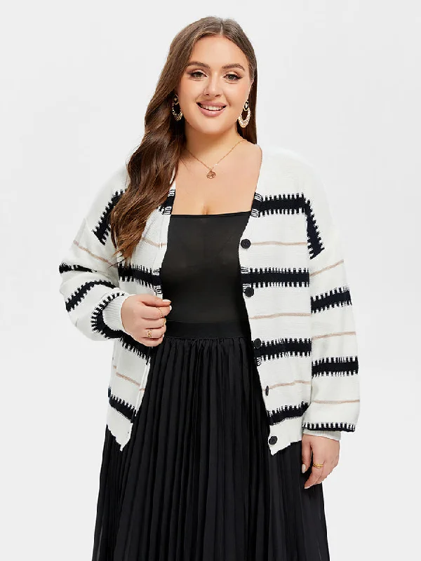 Quick-Dry Soft Knitted SweatersStriped Pattern Button Front Drop Shoulder Cardigan