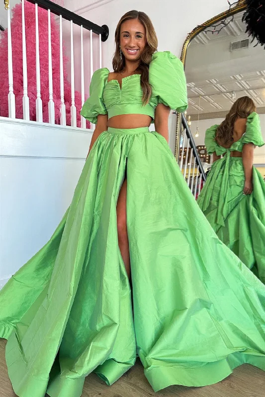 glamorous prom dressesGreen Puff Sleeves Bow Tie Back Two-Piece Aline Long Prom Dress with Slit