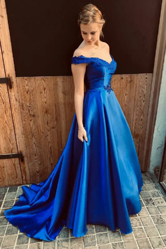 backless prom dressesOff the Shoulder Royal Blue Long Prom Dress