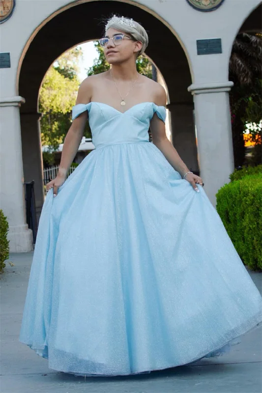 prom dresses with built-in petticoatsLight Blue Tulle A-line Off-Shoulder Lace-Up Back Long Prom Dress