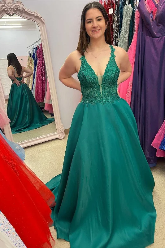 prom dress cleaningGreen Lace V-Neck A-Line Long Prom Dress with Pockets