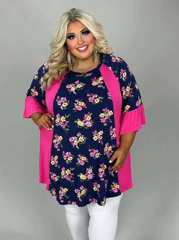 SALE!! 91 CP-J {Darling Curvy}Navy Floral Tunic w/Fuchsia Contrast CURVY BRAND!!! EXTENDED PLUS SIZE 4X 5X 6X (May Size Down 1 Size)