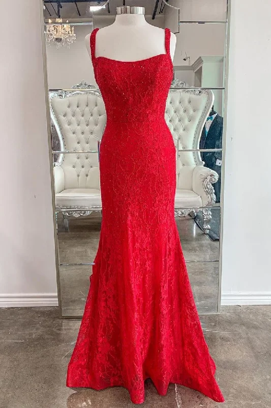 high-slit prom dressesMermaid Red Lace Long Prom Dress