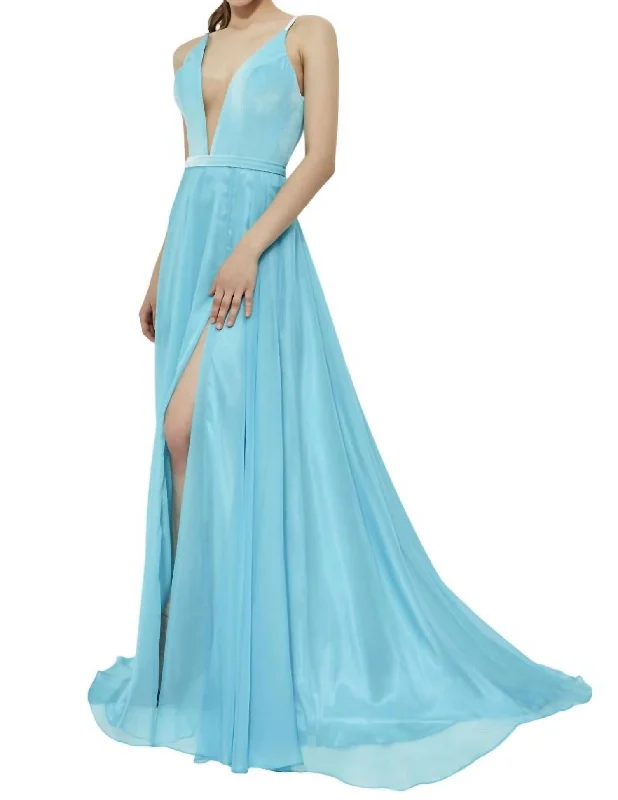 prom dress try-on ideasHigh-Slit Prom Dress In Turquoise