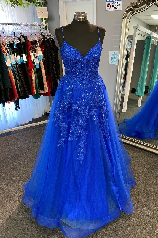 lace prom dressesRoyal Blue Appliques Deep V Neck Lace-Up A-line Tulle Long Prom Dress