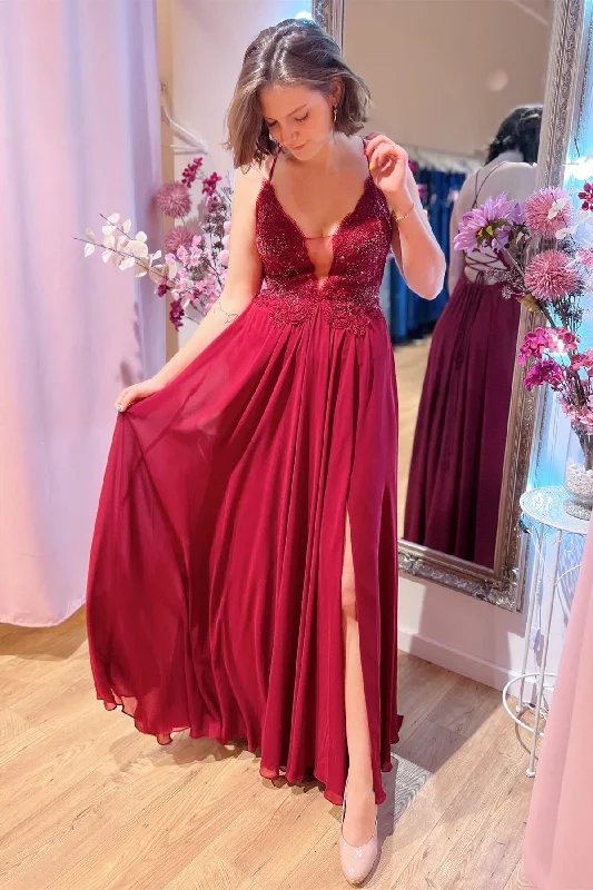 sleeveless prom dressesRed Plunging V Neck Lace-Up Back Beaded Appliques Long Prom Dress with Slit