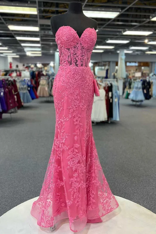 convertible prom dressesHot Pink Appliques Strapless Mermaid Long Prom Dress