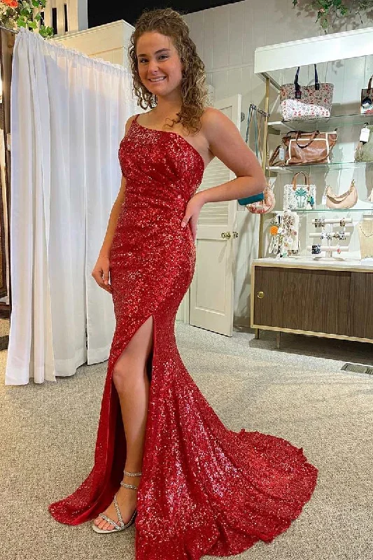 illusion neckline prom dressesRed Sequin One-Shoulder Ruched Mermaid Long Prom Gown