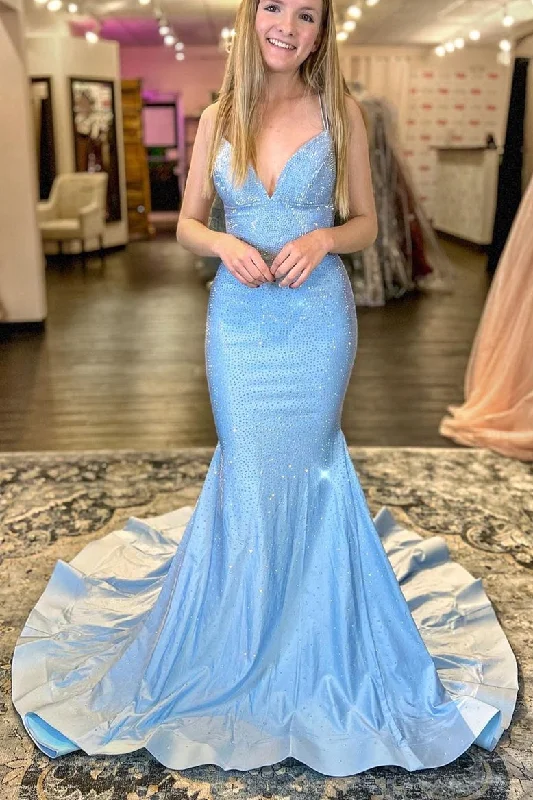 silk prom dressesLight Blue Beaded Mermaid Long Prom Dress with Lace Up Back