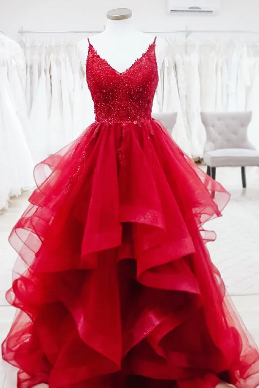 prom dress alterationsElegant V Neck A-Line Beaded Red Long Prom Dress