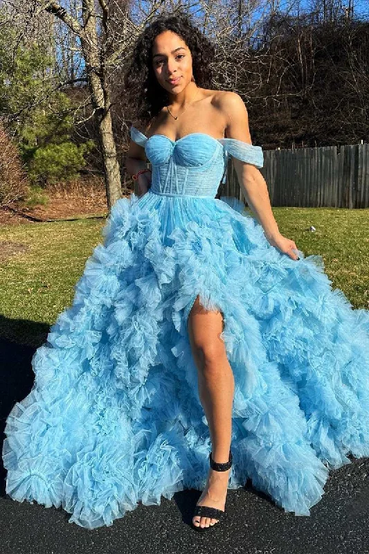 prom dresses with sheer overlaysBlue Ruffles Off-the-Shoulder A-Line Prom Gown with Slit