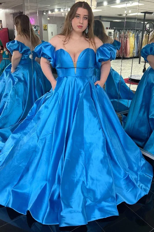 prom dresses for tall girlsBlue Satin Strapless A-Line Long Prom Dress with Puff Sleeves