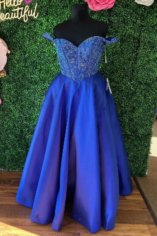 dark prom dressesFairy-Tale Royal Blue Beaded Off-the-Shoulder A-Line Prom Dress