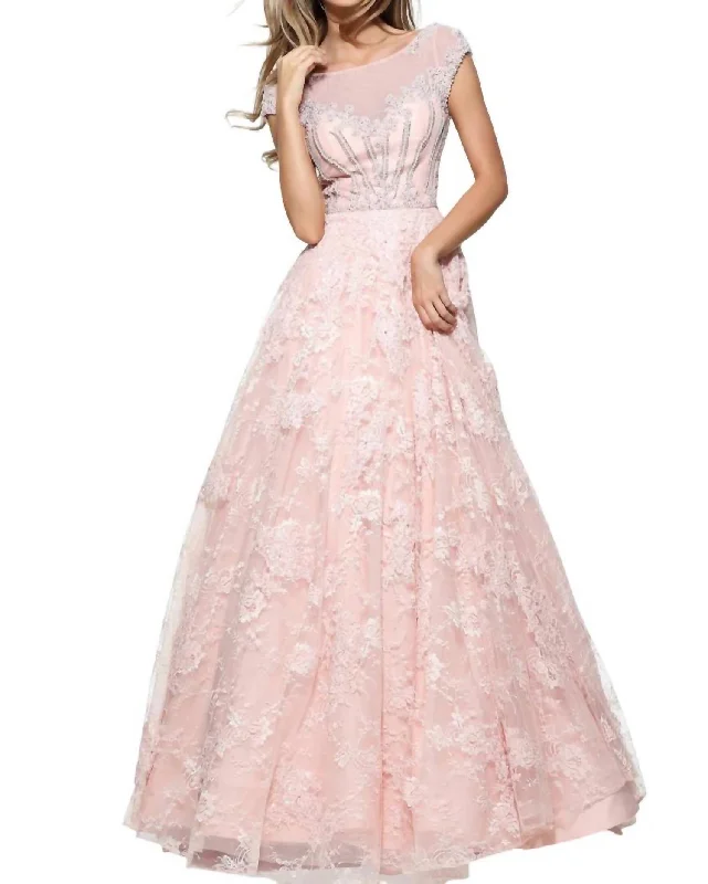 mid-length prom dressesCap-Sleeves Beaded Prom Dress In Blush