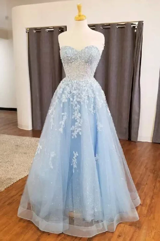 mini prom dressesLight Blue Appliques Sweetheart A-Line Prom Dress