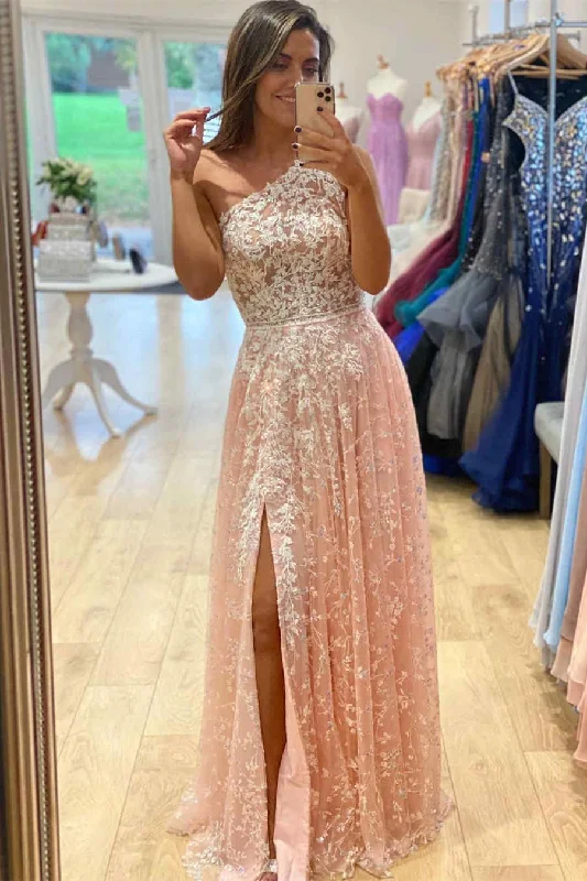 vintage prom dressesOne Shoulder Appliqued Pink Prom Dress with Slit