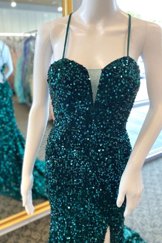 long prom dressesHunter Green Sequins Deep V Neck Lace-Up Long Prom Dress with Slit