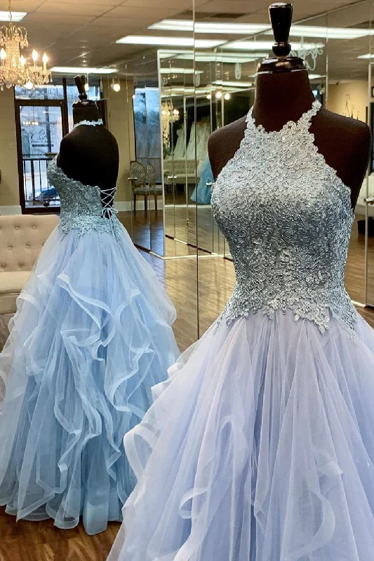 ball gown prom dressesElegant A-Line Halter Appliques Light Blue Prom Dress