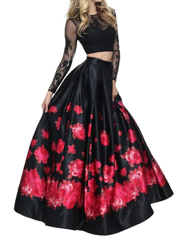 halter prom dressesTwo-Piece Floral Prom Dress In Black/red Print