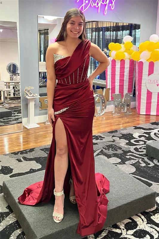 short prom dressesBurgundy One Shoulder Boning Beaded Satin Long Prom Dress with Slit