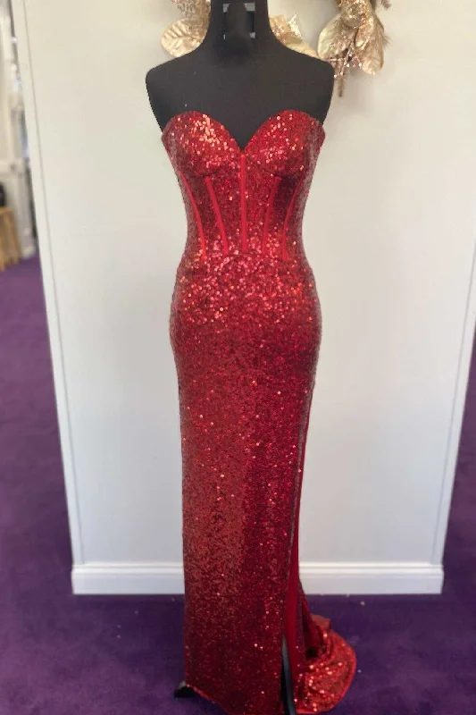 prom dress style guidesMermaid Red Sequin Strapless Long Prom Dress with Slit