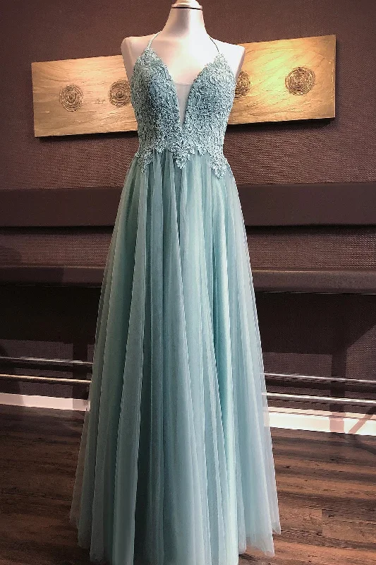 budget-friendly prom dressesDusty Green A-line V Neck Cross Back Appliques Tulle Long Prom Dress