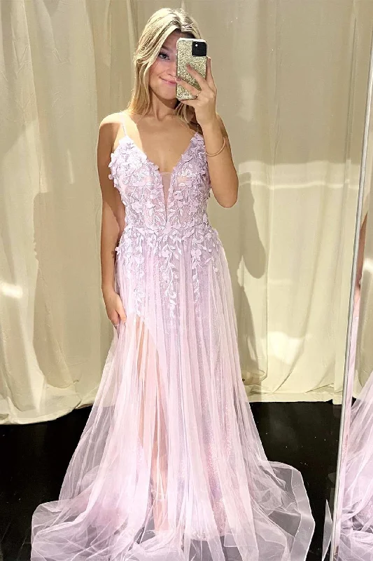 floral prom dressesPink Floral Lace Plunge V A-Line Prom Dress