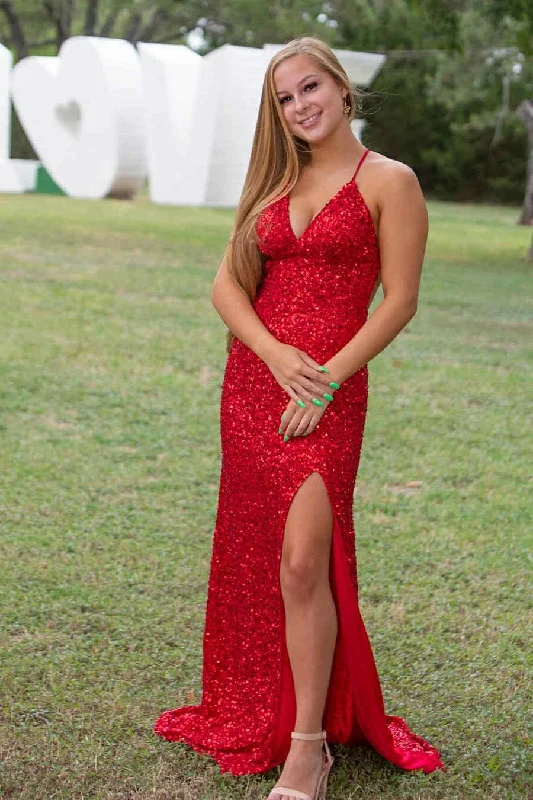 classic prom dressesStraps Red Sqeuins Long Prom Dress with Slit