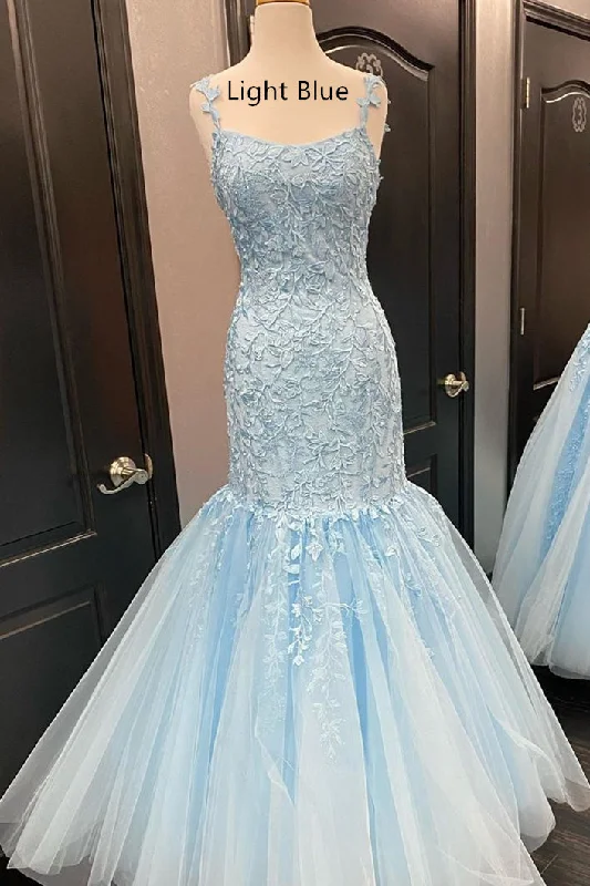 chiffon prom dressesStraps Mermaid Light Blue Lace Appliqued Long Prom Dress