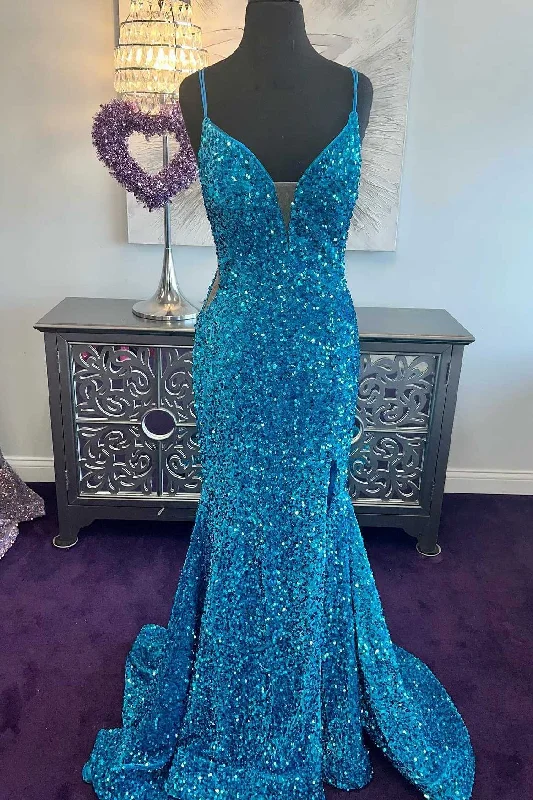 flowy prom dressesBlue Sequin Plunge V Mermaid Long Prom Dress with Slit