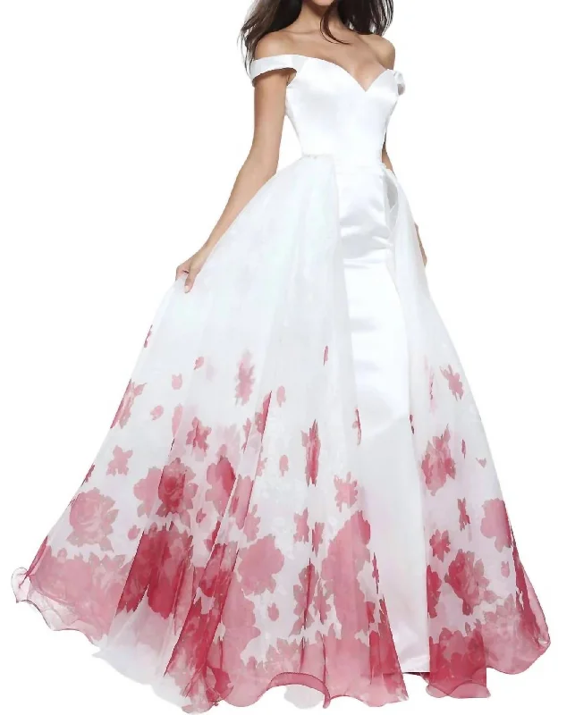 prom dresses with floral embroiderySatin Floral Prom Dress In Ivory/red Print