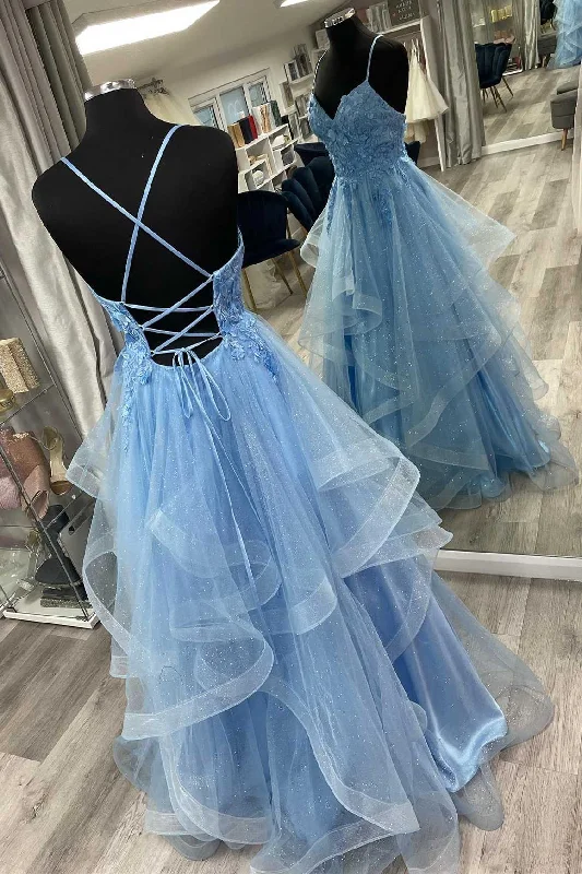 prom dresses with illusion panelsBlue Floral Appliques Lace-Up Tiered A-Line Prom Dress