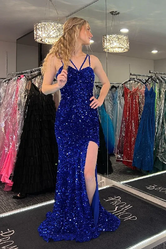 flutter sleeve prom dressesRoyal Blue Mermaid Straps Sequins Long Prom Dress with Slit