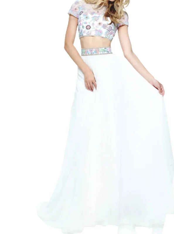 prom dresses with pocketsBohemian Two-Piece Prom Dress In Ivory/multi