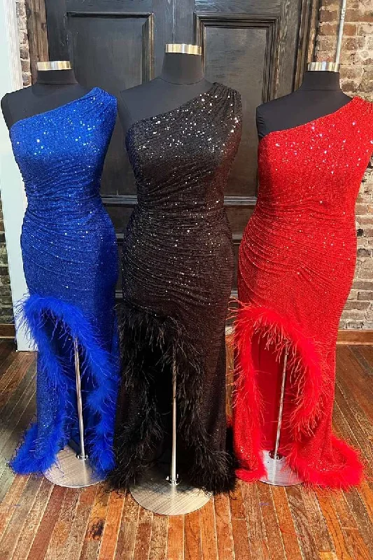 cap sleeve prom dressesOne-Shoulder Sequin Feather Long Prom Dress with Slit