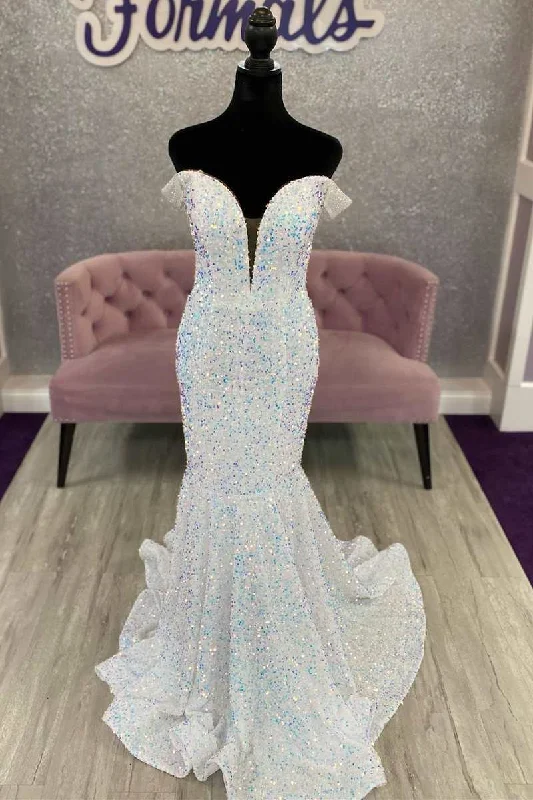 geometric print prom dressesWhite Iridescent Sequin Off-the-Shoulder Cutout Back Trumpet Long Prom Dress